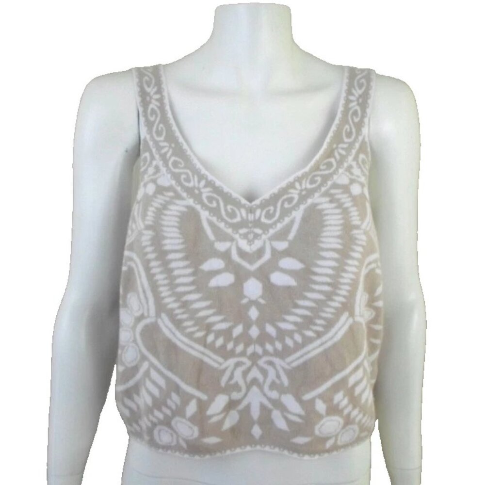 Express Tan White Boho Jacquard V-Neck Crop Tank Top